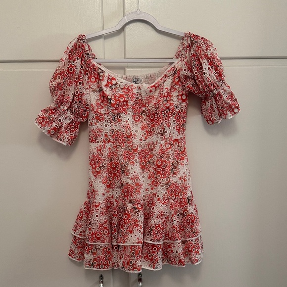 NWT Charo Ruiz Short Dress Jean Red & White Eyelet Puff Sleeve
